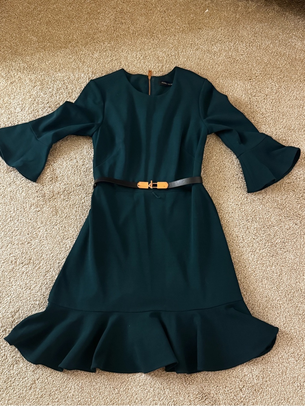 Fluted-Sleeve Forest Green Dress with Ruffle Hem
